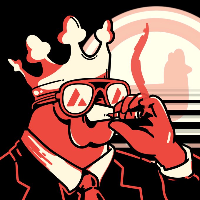 A stylized cartoon character wearing aviator-style sunglasses and a tie smokes a cigarette against a retro-futuristic red and black backdrop, with a shadowy figure visible in the circular light behind them—evoking a "cool" meme aesthetic paired with the bullish crypto tickers $AVAX and $COQ.