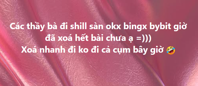 Vietnamese text overlaid on a pink background reading: 'Các thầy bà đi shill sàn okx bingx bybit giờ đã xoá hết bài chưa ạ =)))) Xoá nhanh đi ko đi cả cum bây giờ 😂'.