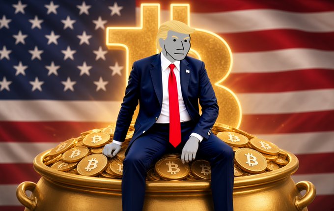 A digital illustration of a figure in a blue suit and red tie with a stylized face sitting on a pile of gold Bitcoin coins inside a golden cauldron, backed by an American flag and a large Bitcoin symbol.