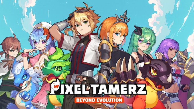 Anime-style promotional artwork for 'PIXEL TAMERZ - BEYOND EVOLUTION' showing a colorful cast of characters including a blonde male protagonist, a green-haired girl, and various creatures against a blue sky background.