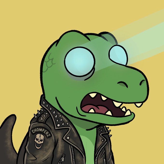 A cartoon illustration of a green dinosaur-like character with wide blue eyes, wearing a black leather jacket featuring a skull patch with the word 'CHOMPZ'.