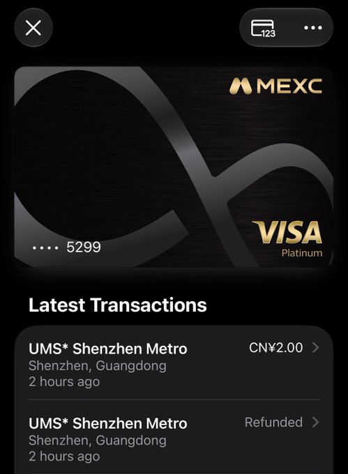 The image displays a MEXC Visa Platinum card ending in 5299, shown above a transaction history featuring two "UMS*Shenzhen Metro" entries—one for CN¥2.00 and another marked as "Refunded," both timestamped 2 hours ago. This visually supports the post's testimonial about successfully using the MEXC Visa Card to ride the Shenzhen Metro with a seamless tap-in/tap-out experience.
