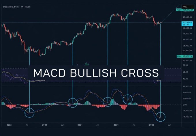 A Bitcoin/U.S. Dollar weekly chart displaying a candlestick price graph above an MACD indicator, with text overlay reading 'MACD BULLISH CROSS' and circles highlighting recent bullish crossovers.