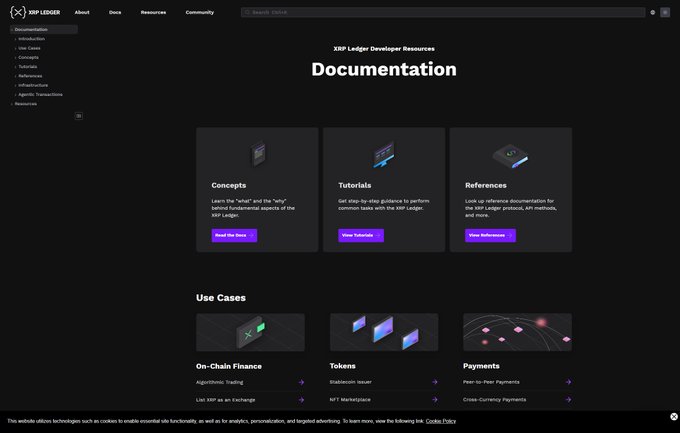 The image shows the XRPL Ledger Developer Resources Documentation page featuring sections for Concepts, Tutorials, and References with purple call-to-action buttons, plus a Use Cases section displaying On-Chain Finance (Algorithmic Trading, Liquidity in Exchanges), Tokens (Stablecoin Issuer, NFT Marketplace), and Payments (Peer-to-Peer, Cross-Currency). This landing page illustrates the depth of the official developer documentation referenced in the accompanying post, demonstrating the structured resources builders use to work with the XRP Ledger protocol alongside its research materials.