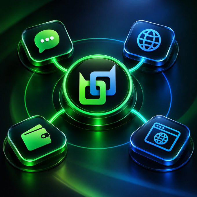 A glowing digital graphic displays interconnected app icons including a chat bubble, globe, wallet, browser, and a central interlocking logo on a dark background.