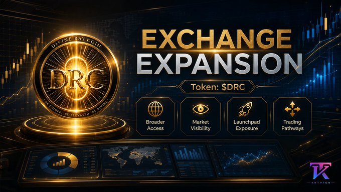 A promotional graphic for Divine Ray Coin ($DRC) highlights "Exchange Expansion" featuring a gold DRC coin emblem, the ticker "Token: $DRC," and four key benefits—Broader Access, Market Visibility, Launchpad Exposure, and Trading Pathways—set against a dark background with financial charts and a world map, visually reinforcing the post's announcement of $DRC's strategic move from DEX to a centralized exchange listing via P2B.