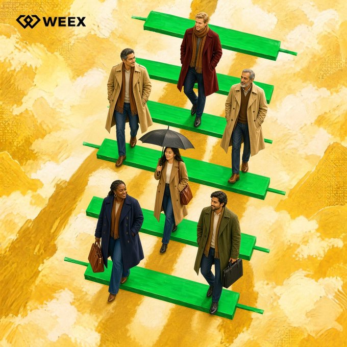 A surreal advertisement for 'WEEX' showing six people in winter coats standing on green floating platforms arranged like steps against a painted yellow background.