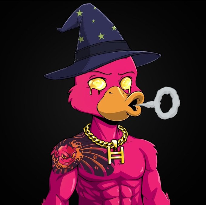 A cartoon pink duck-headed superhero character wearing a wizard hat with stars, a gold chain with an 'H' pendant, and blowing a smoke ring.