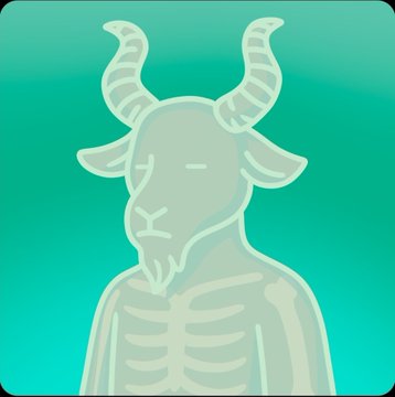 An illustration of a goat or ram skull-like creature with curved horns and visible ribcage, rendered in pale tones against a teal gradient background.