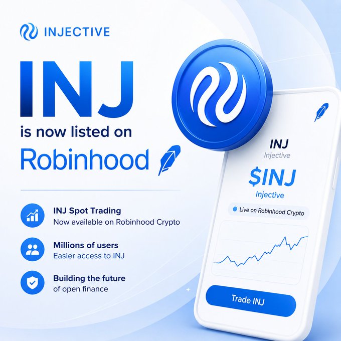 A promotional graphic announcing that INJ (Injective) is now listed on Robinhood, highlighting spot trading availability, millions of users, and building the future of open finance.