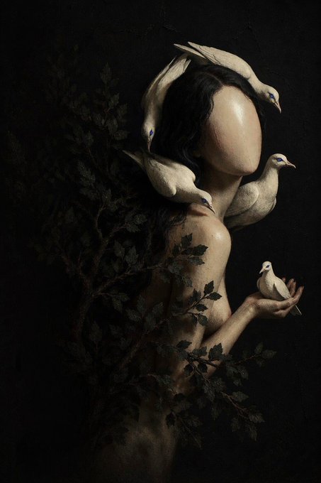 A dark, painterly artwork depicting a faceless figure with bare shoulders, surrounded by white doves, with branches growing from the body.
