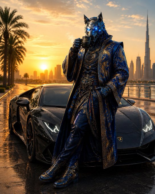 A masked, wolf-like figure in an ornate blue and gold coat leans against a black Lamborghini at sunset with a city skyline in the background, sipping from a cup. The image embodies the "degen" crypto lifestyle of luxury and speculation, visually reinforcing the post's call for traders to share their most bullish project picks in pursuit of the next moonshot like $ANSEM.