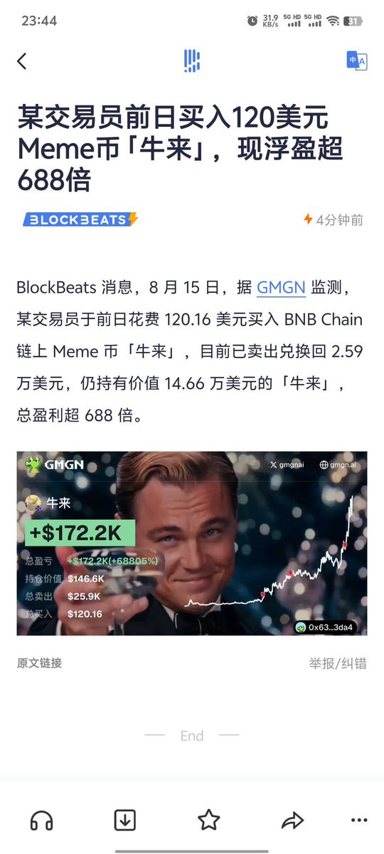The image shows a Chinese crypto news article from BlockBeats reporting that a trader spent $120.16 to buy a BNB Chain Meme coin called "牛来" (Niu Lai), and has already realized profits exceeding 688x, with $172.2K in gains. The accompanying post highlights this as a perfect example of how small investments in the crypto space can yield millionaire-making returns in just days, illustrating the "magical" profit potential of meme coin trading.
