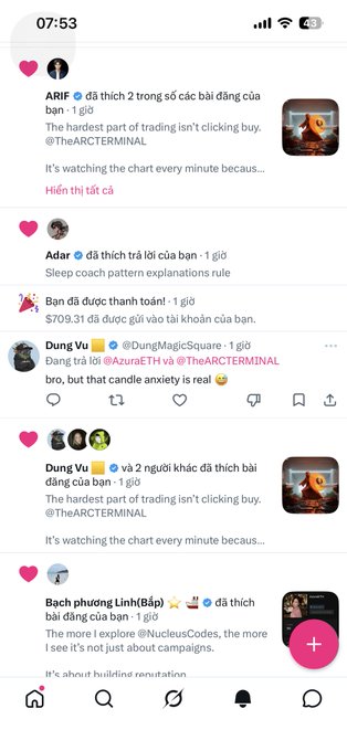 A Vietnamese-language Twitter/X mobile feed showing likes from various users (ARIF, Adar, Ban, Dung Vu, Bach phượng Linh) on trading and cryptocurrency-related posts.