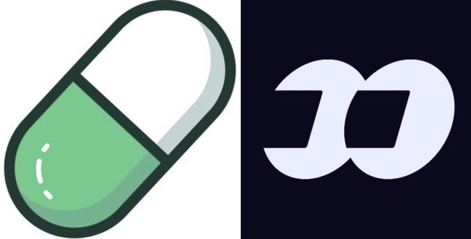 A split image showing a green and white pill capsule on the left and a stylized 'D' logo on a black background on the right.
