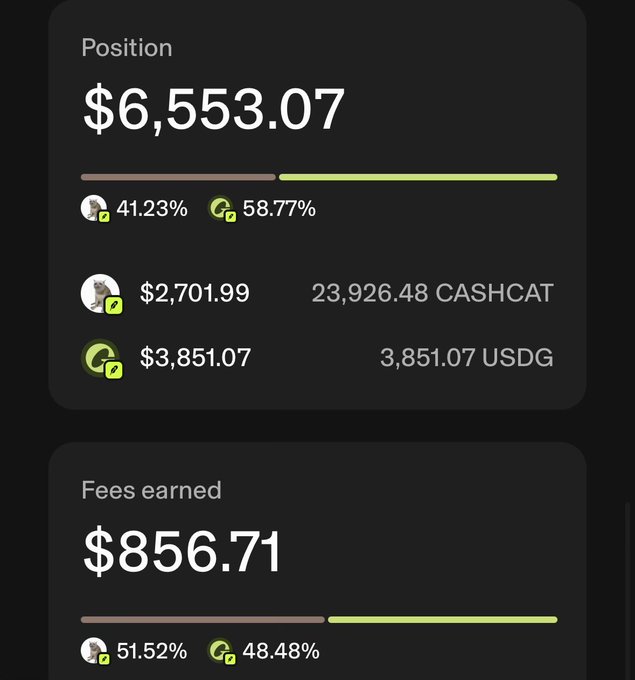 A cryptocurrency liquidity pool position dashboard showing a total value of $6,553.07 split between 23,926.48 CASHCAT ($2,701.99, 41.23%) and 3,851.07 USDG ($3,851.07, 58.77%), with $856.71 in fees earned. The image illustrates a medium-wide range LP strategy on a higher market cap memecoin (CASHCAT) paired with a stablecoin, aligning with the "set and forget" approach described.