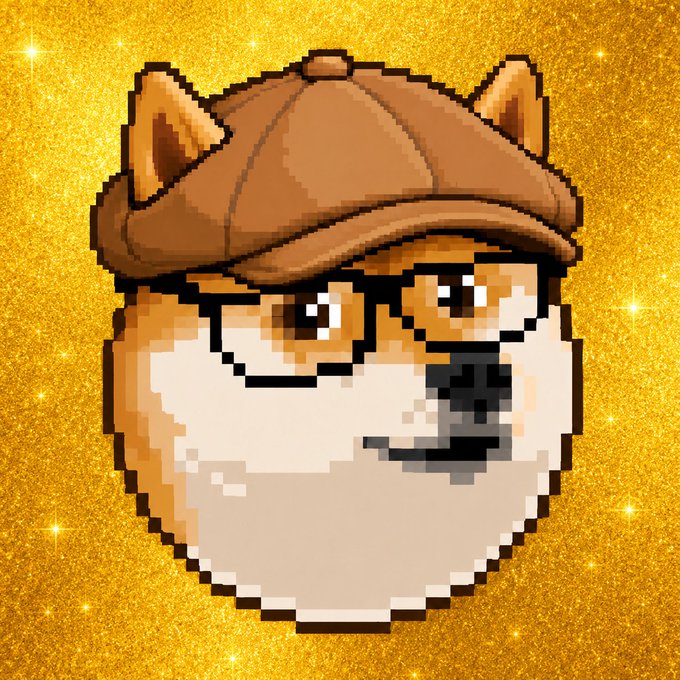 A pixel art illustration of a Shiba Inu dog wearing a brown detective cap, set against a sparkling golden background.