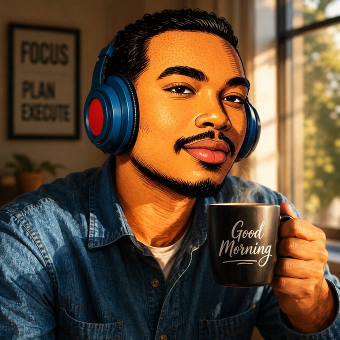 An illustrated portrait of a man wearing blue headphones and a denim shirt, holding a black mug that says 'Good Morning,' with a framed 'FOCUS PLAN EXECUTE' sign on the wall behind him.