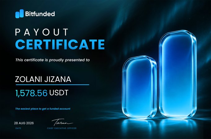 A Bitfunded payout certificate awarded to trader Zolani Jizana for a $1,578.56 USDT payout, dated 28 Aug 2026 and signed by the Chief Executive Officer, visually celebrating the trader's successful performance highlighted in the post.