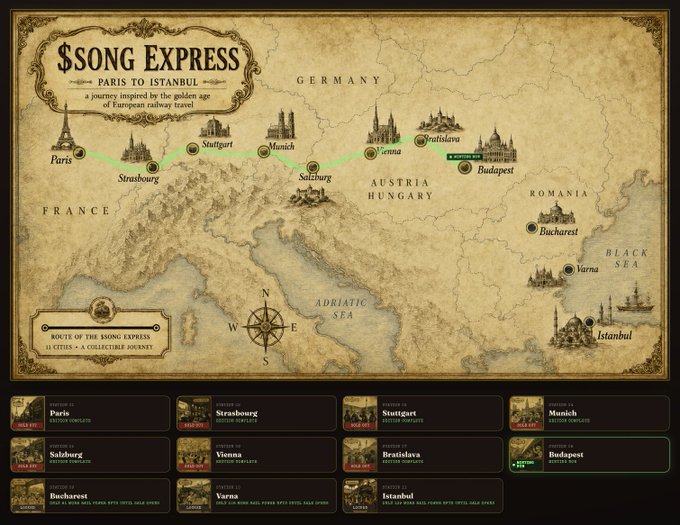 A vintage-style map titled 'THE SONG EXPRESS - PARIS TO ISTANBUL' depicting a historic railway route through Europe, with marked stations including Paris, Strasbourg, Stuttgart, Munich, Salzburg, Vienna, Bratislava, Budapest, Bucharest, Varna, and Istanbul, along with an interactive menu showing mission details for each city.