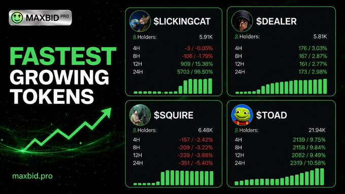 A MaxbidPro dashboard titled "FASTEST GROWING TOKENS" displays real-time holder statistics for four meme coins: $LICKINGCAT (5.91K holders, +96.50% in 24H), $DEALER (5.81K holders, +2.98% in 24H), $SQUIRE (6.48K holders, -5.40% in 24H), and $TOAD (21.94K holders, +10.58% in 24H), visually reinforcing the caption's playful claim that someone used Maxbid to snipe these trending tokens before the market woke up.