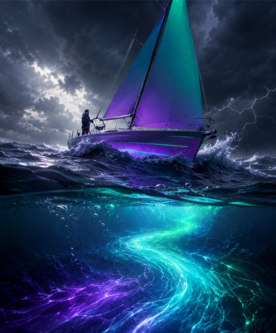A dramatic digital illustration of a sailboat with iridescent purple and teal sails navigating stormy seas with lightning, featuring a glowing turquoise wake beneath the water.