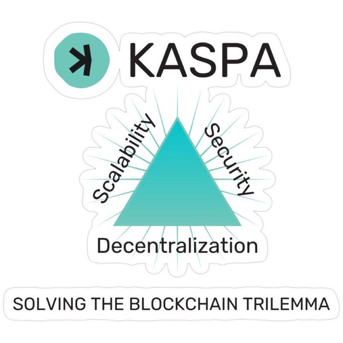 A Kaspa branded graphic featuring a teal triangle with the words 'Scalability,' 'Security,' and 'Decentralization,' captioned 'SOLVING THE BLOCKCHAIN TRILEMMA.'