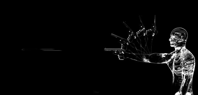 A glitch-effect digital artwork featuring a transparent, x-ray-like figure of a person firing multiple guns, with bullet trails visible on the left.