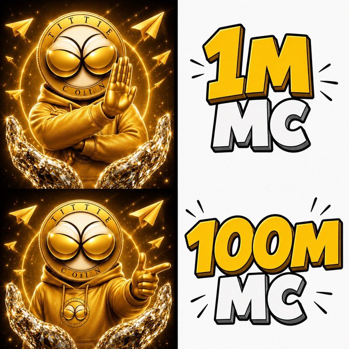 Two golden coin-themed characters wearing hoodies pose alongside bold text graphics reading '1M MC' and '100M MC', likely referencing subscriber or market cap milestones for a token called 'TITTIE COIN'.