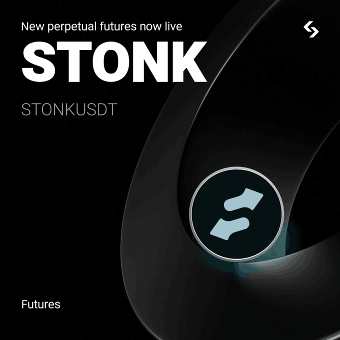 A sleek black promotional graphic announces "New perpetual futures now live" for "STONK" with the trading pair "STONKUSDT," featuring the stylized "S" logo of Bitget in a circular emblem at the center-right against a glossy abstract background, reinforcing the post's announcement that STONK USDT futures with up to 10x leverage and trading bot support are now available on the Bitget exchange.
