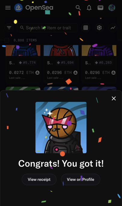 A screenshot from OpenSea showing a successful NFT purchase with a "Congrats! You got it!" pop-up overlaying the Space Riders collection page, where 8,888 items are listed with prices ranging from 0.0272 ETH to 0.0296 ETH. The image directly illustrates the post's mention of finding grails on the SpaceRidersXYZ floor, celebrating the acquisition of a rider NFT.