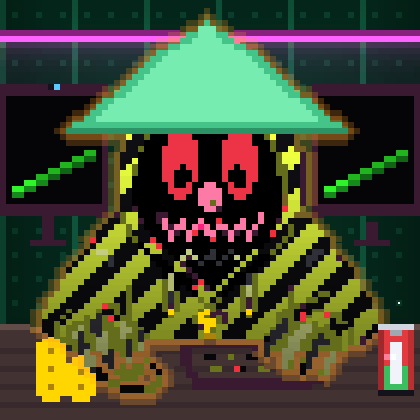 A pixel art character with a red face, black jagged teeth, and a green conical hat.