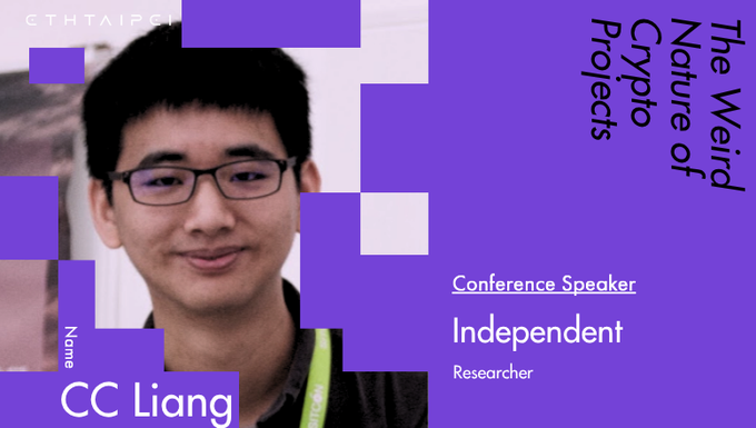 A purple conference speaker slide features a photo of a young man with glasses, labeled 'CC Liang', described as an 'Independent Researcher' presenting on 'The Weird Nature of Crypto Projects'.