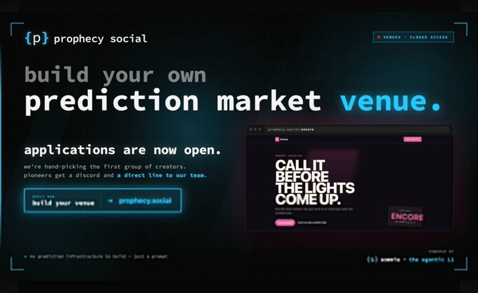 A promotional webpage for 'prophecy social' inviting users to 'build your own prediction market venue,' featuring a screenshot of a venue titled 'CALL IT BEFORE THE LIGHTS COME UP.'
