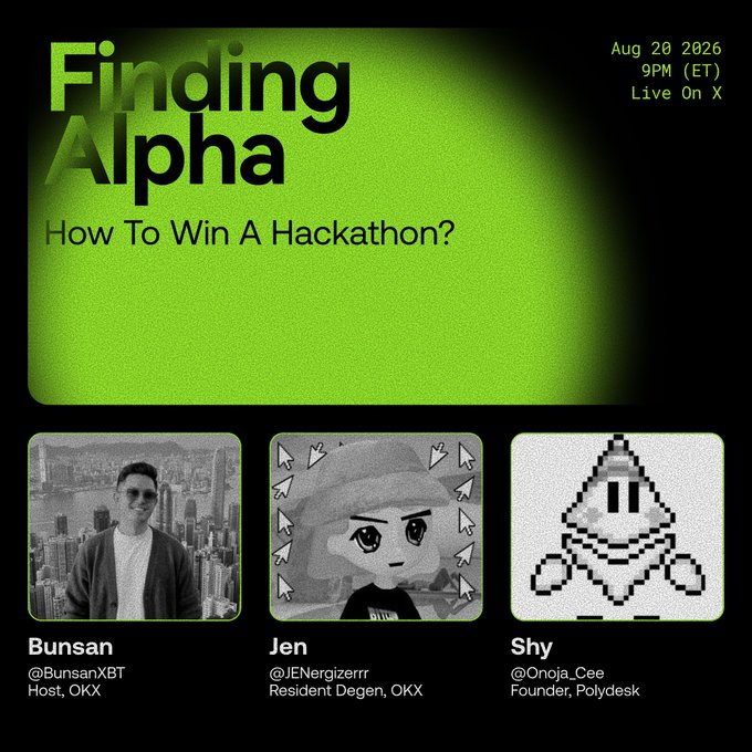 Promotional graphic for "Finding Alpha: How To Win A Hackathon?" airing Aug 20, 2026 at 9PM ET live on X, featuring host Bunsan (@BunsanXBT, OKX), Jen (@JENergizerrr, Resident Degen, OKX), and Shy (@Onoja_Cee, Founder, Polyndeskk), tying directly to the post about Onoja_Cee sharing winning strategies for the OKX AI Genesis and XLayer Build X hackathons offering $300K in prizes.