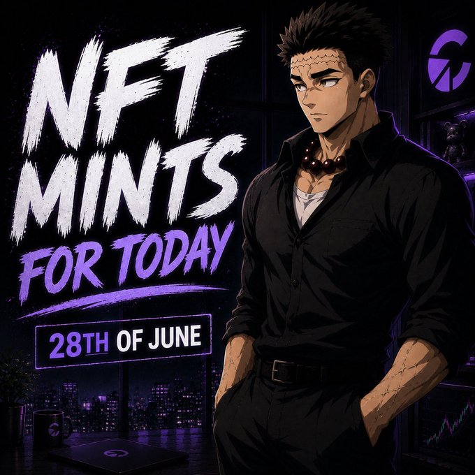 An anime-style promotional graphic featuring a muscular man in a black shirt against a nighttime cityscape, with bold text reading "NFT MINTS FOR TODAY - 28TH OF JUNE," highlighting three Ethereum-based NFT drops: Pepeagent (10k supply), Sameki (1111 supply), and Eggverse (5555 supply).
