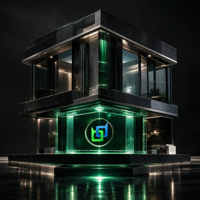 A modern building at night with a glowing green digital logo displayed in a glass storefront.