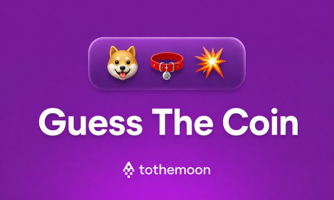 A purple promotional graphic titled 'Guess The Coin' by tothemoon, featuring a Shiba Inu emoji, a red dog collar, and an explosion emoji.