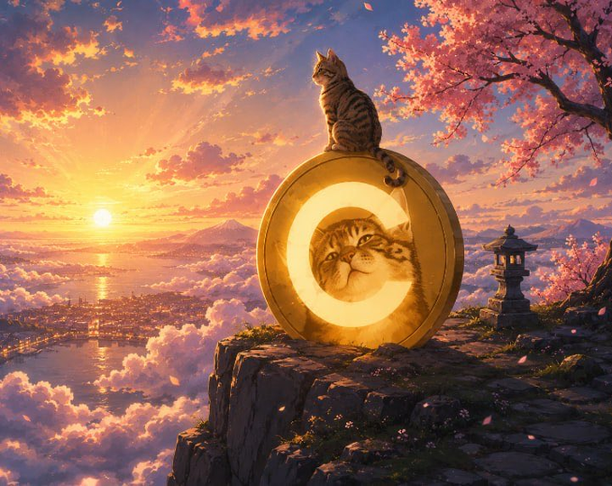 A digital illustration depicting a tabby cat sitting atop a large glowing coin while another cat's face appears within the coin's central hole, set against a sunset sky with cherry blossoms and a stone lantern.