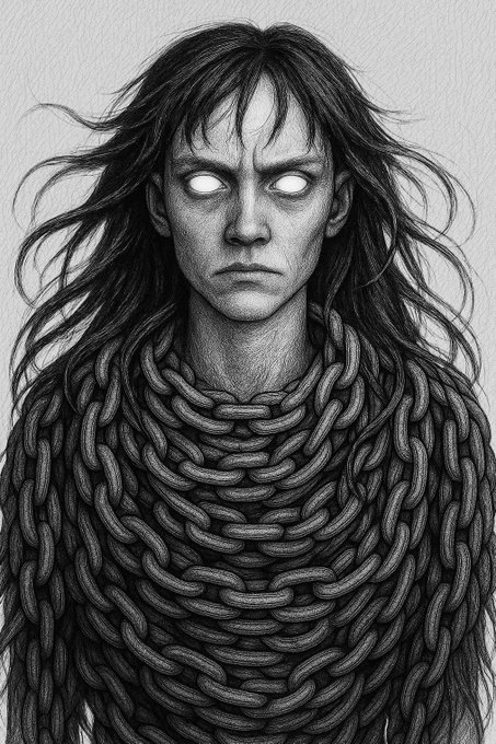 A haunting black-and-white illustration of a ghostly, hollow-eyed woman draped in heavy chains, evoking themes of being bound, weighed down, or haunted by poor decisions. The image visually represents the post's warning about impatient NFT traders, suggesting they are shackled by short-term thinking and doomed to "NGMI" (Not Gonna Make It).