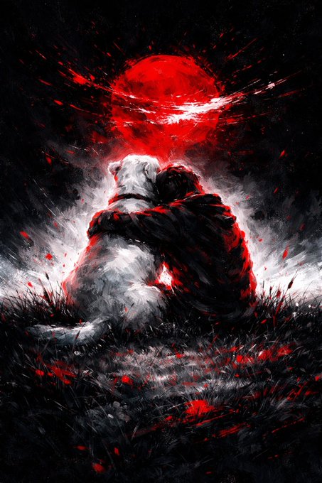 A dark, dramatic painting of two figures sitting on a grassy field under a large, glowing red moon, with red paint splatters throughout the scene.