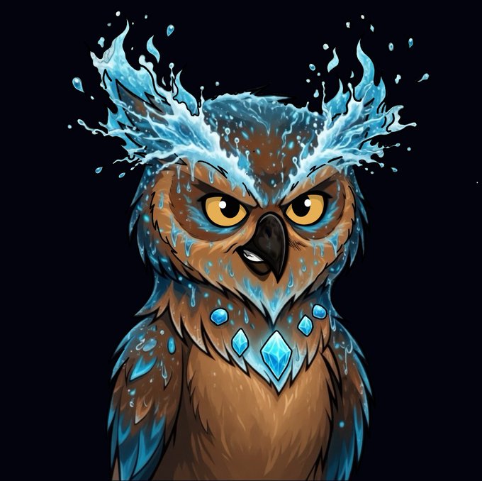 A fierce, glowing-eyed owl surrounded by splashing water and crystalline ice shards embodies the "I am water" theme, reflecting the elemental and mystical branding of the @Owltopia_sol collection as its Gen 2 mints out.
