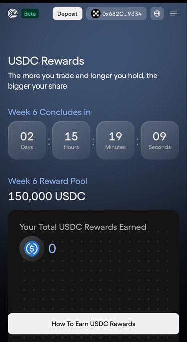 A mobile app screen titled 'USDC Rewards' showing a Week 6 countdown of 02 days, 15 hours, 19 minutes, 09 seconds, with a 150,000 USDC reward pool and 0 USDC earned so far.