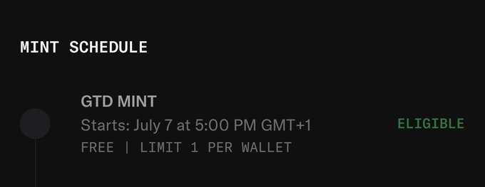 A dark-themed "MINT SCHEDULE" screen displays details for a "GTD MINT" event starting July 7 at 5:00 PM GMT+1, marked as "ELIGIBLE" in green text, with a note that it is free and limited to 1 per wallet. This confirms the user's eligibility to mint the "Wingston by Rally" NFT as mentioned in their accompanying post.