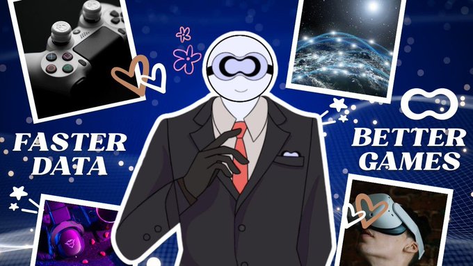 Promotional graphic featuring an anime-style character in a suit with VR goggles, surrounded by images of a PlayStation controller, galaxy, and gaming setup, with text 'FASTER DATA' and 'BETTER GAMES'.
