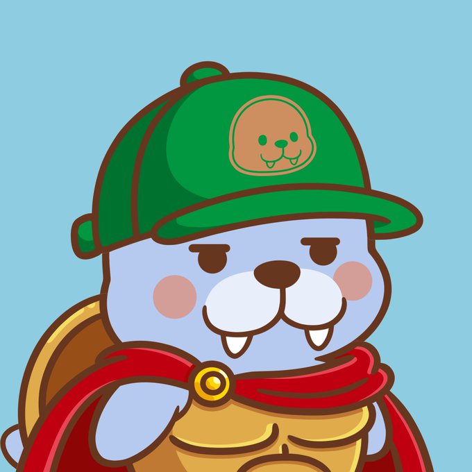 A cartoon character resembling a gray seal or bear wearing a green cap with a smiling face logo, a red cape, and gold armor.
