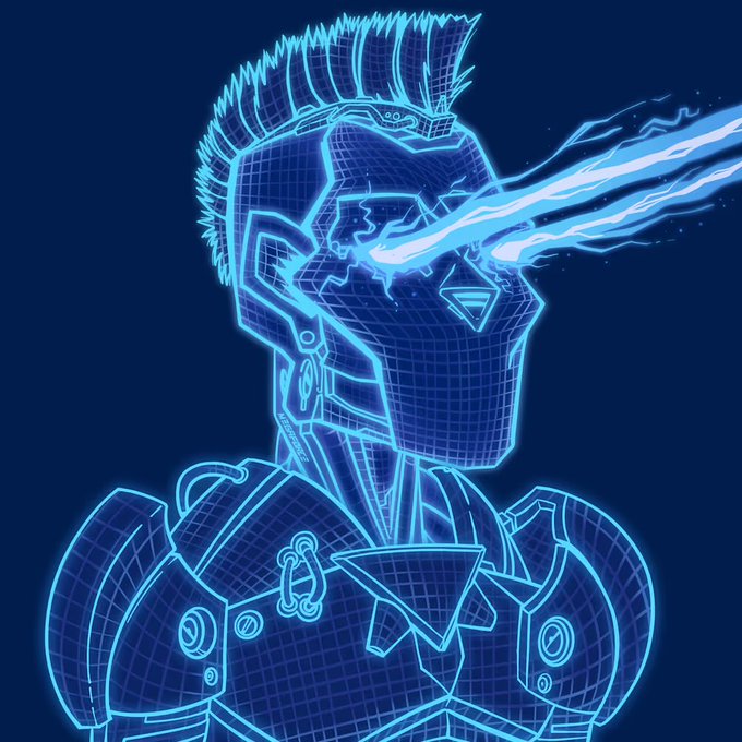 A blue wireframe rendering of a cybernetic figure with a mohawk, emitting bright blue energy beams from its eyes.