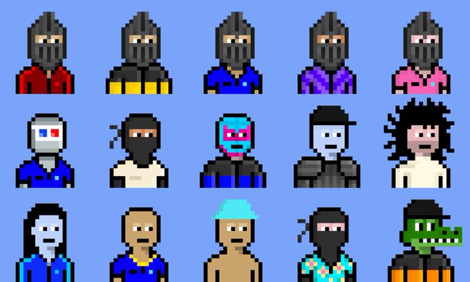 A pixel art display features a grid of 14 character portraits wearing various outfits and masks, including knights in armor, masked figures, and a green alligator-headed character, all set against a blue background.