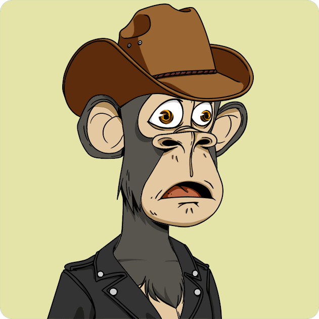 A cartoon illustration of a monkey wearing a brown cowboy hat and a black leather jacket, displayed against a pale yellow background.