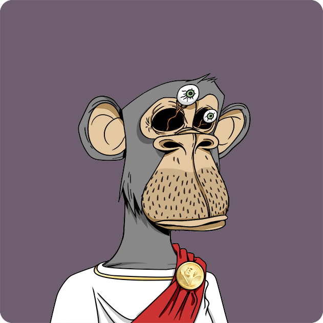 A cartoon illustration of a gray monkey with three eyes wearing a white toga with a red sash and gold medallion, resembling the Bored Ape Yacht Club NFT style.
